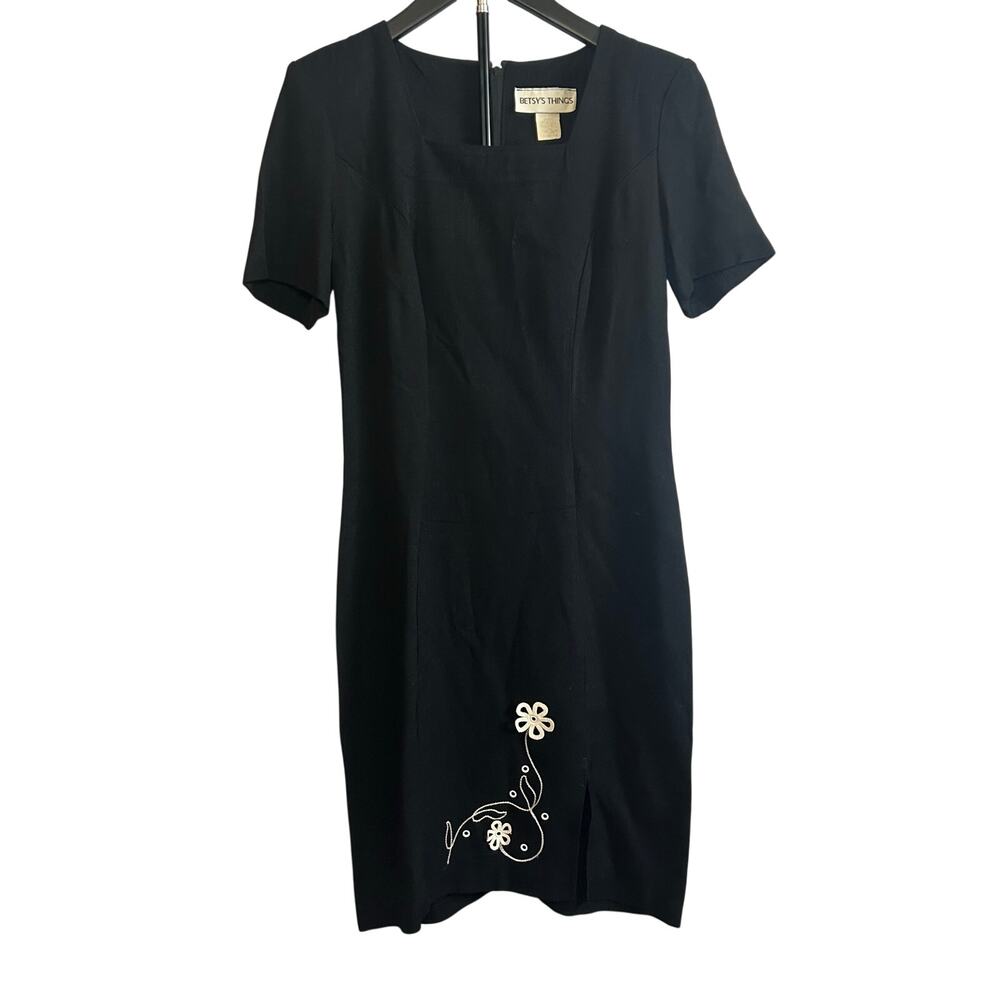 Vintage 90s Betsy’s Things Floral Applique Black Sheath Dress Size 4